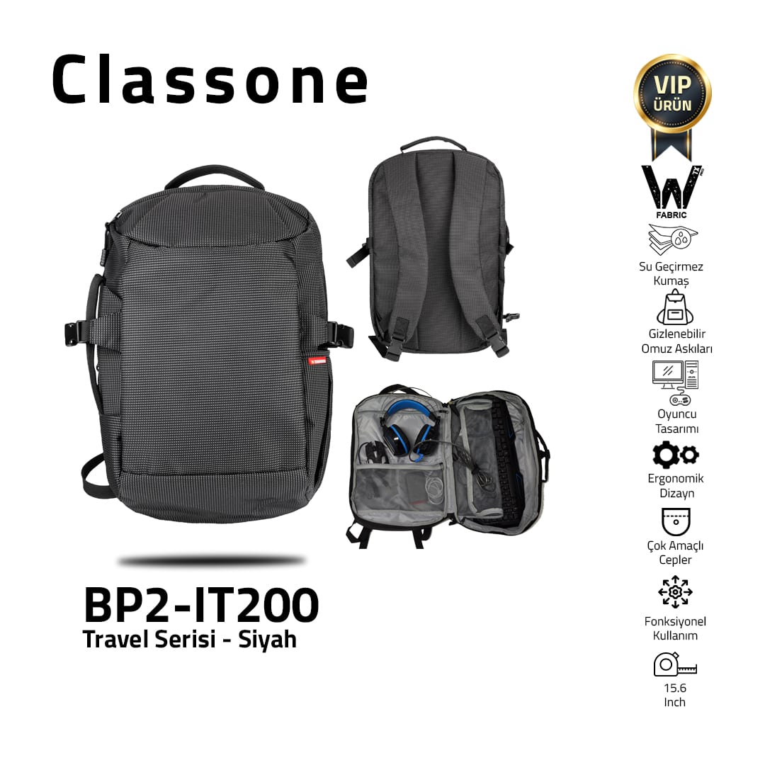 Classone BP2-IT200 Travel Serisi WTXpro Su Geçirmez Kumaş Seyahat Ve Gaming Sırt Çantası 15 İnch-siyah