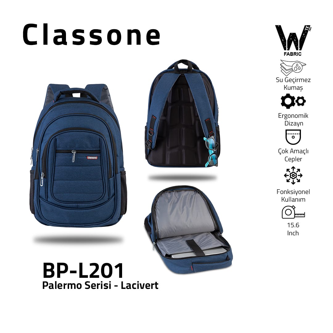 Classone BP-L201 Palermo Serisi WTXpro Su Geçirmez Kumaş 15, 6 İnch Sırt Çantası - Lacivert