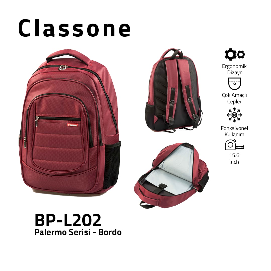 Classone BP-L202 Palermo Serisi 15, 6 İnch Sırt Çantası - Bordo