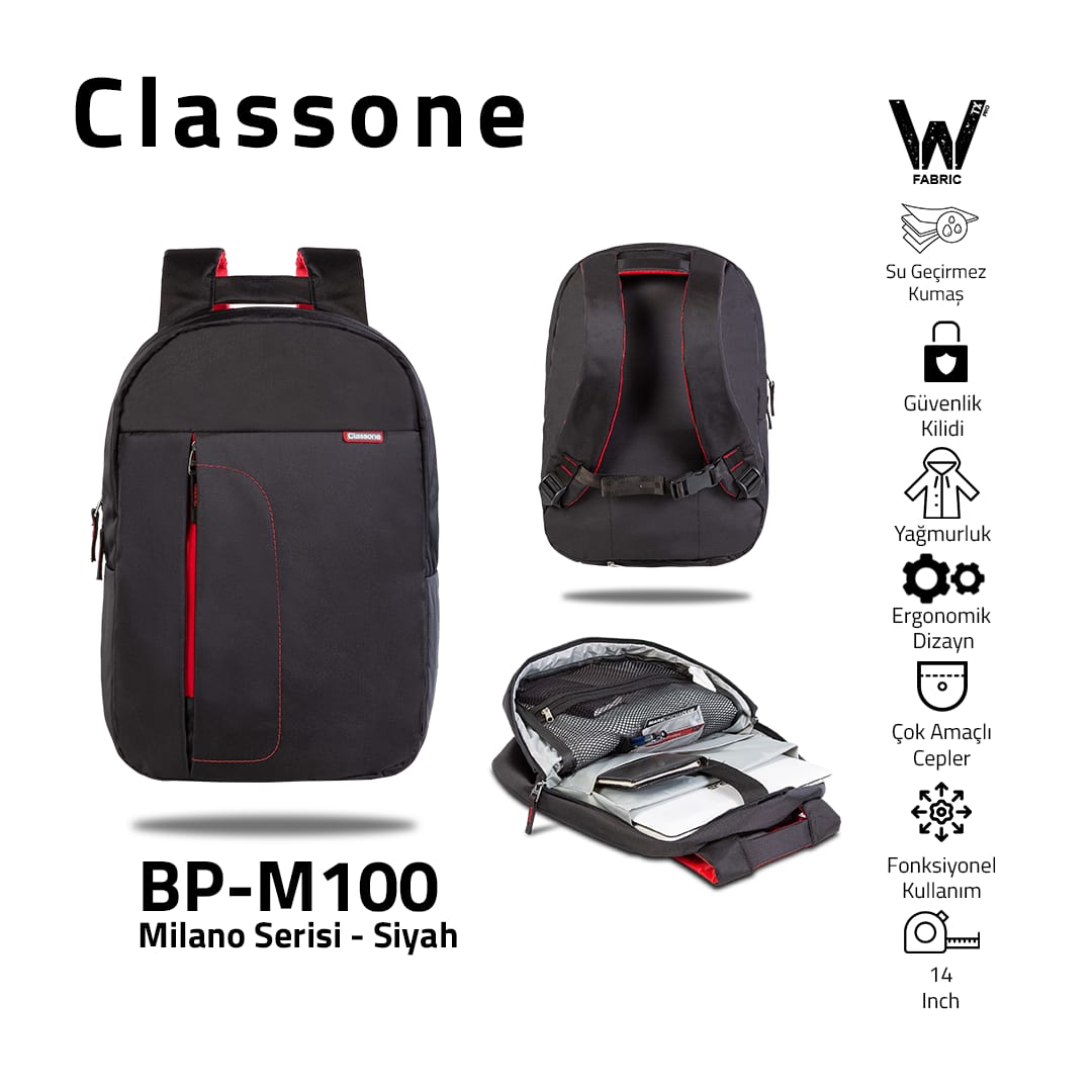 Classone BP-M100 Milano Serisi WTXpro Su Geçirmez Kumaş 13-14 İnch Medium Sırt Çantası - Siyah