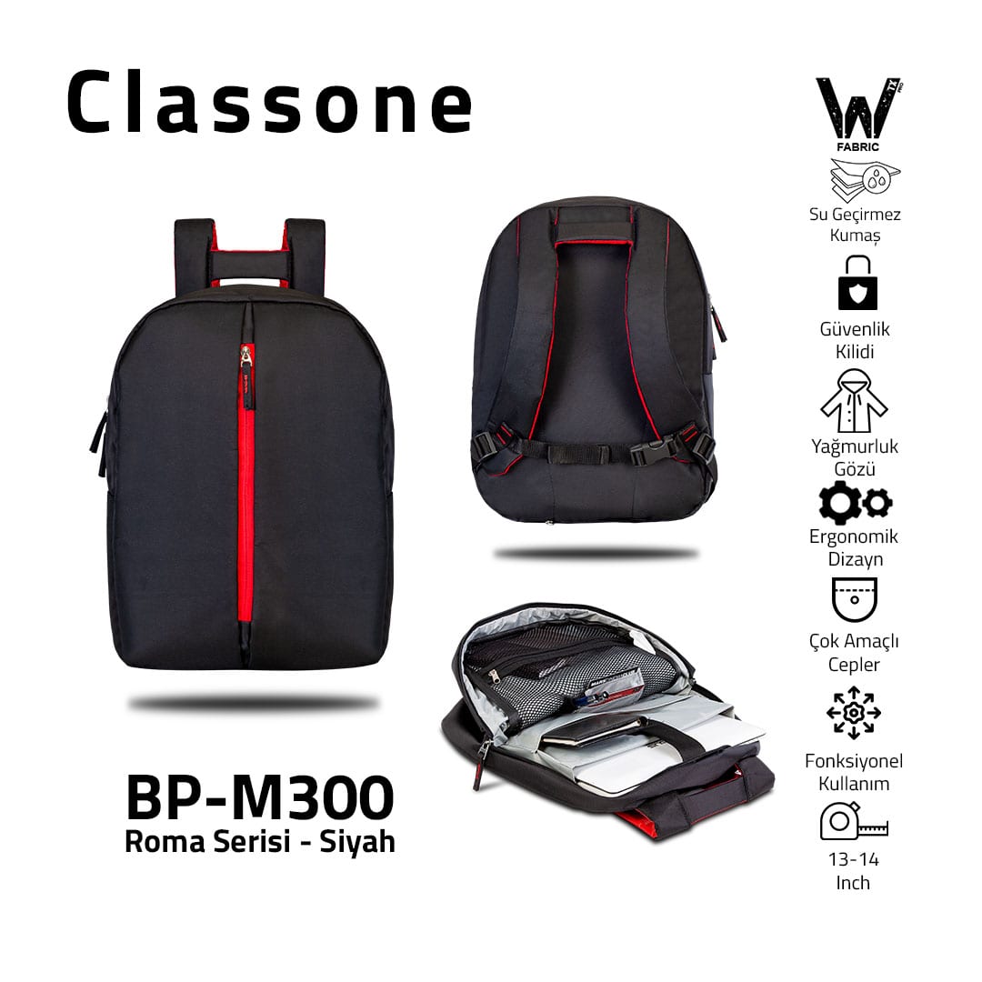 Classone BP-M300 Roma Medium Serisi WTXpro Su Geçirmez Kumaş 13-14 İnch Sırt Çantası - Siyah