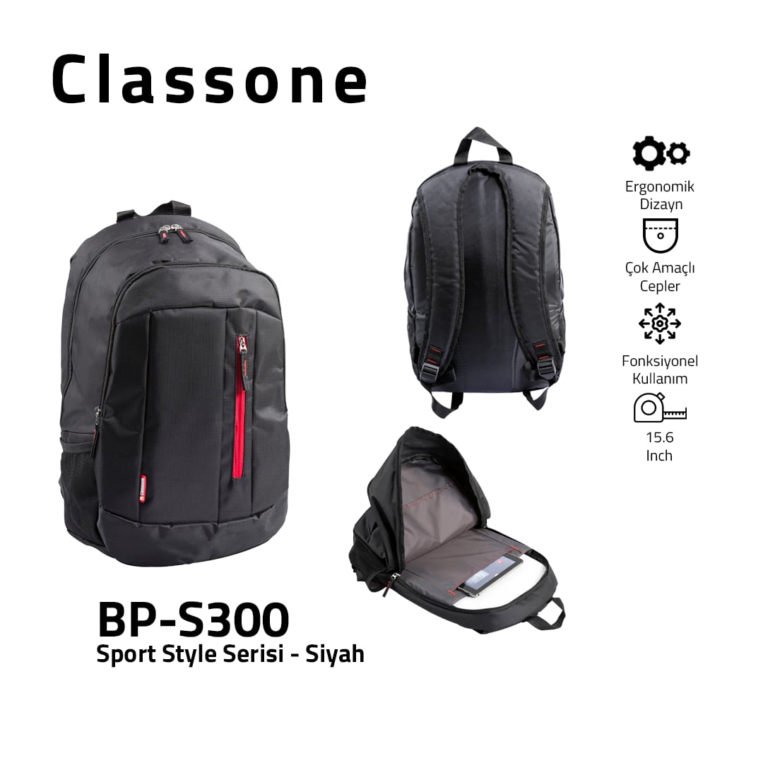 Classone BP-S300 Sport Style Serisi 15, 6 İnch Sırt Çantası - Siyah