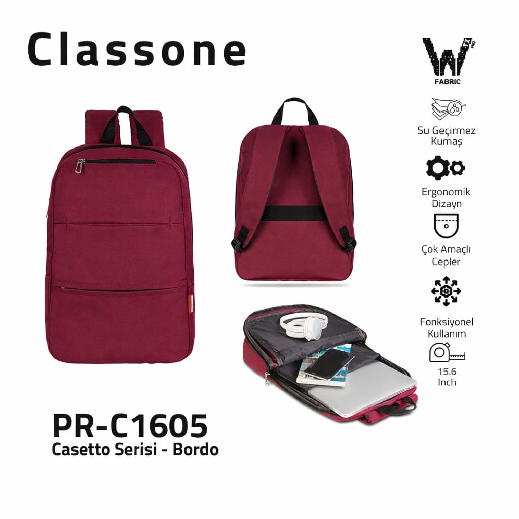 Classone PR-C1605 Casetto Serisi WTXpro Su Geçirmez Kumaş 15.6 Notebook Sırt Çantası-bordo