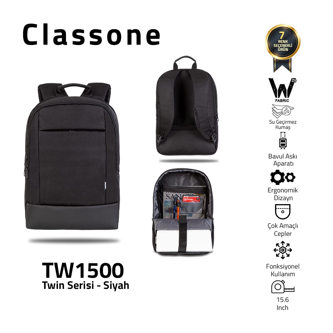 Classone TW1500 Twin Color 15.6 İnch WTXpro Su Geçirmez Kumaş Notebook Çantası-siyah