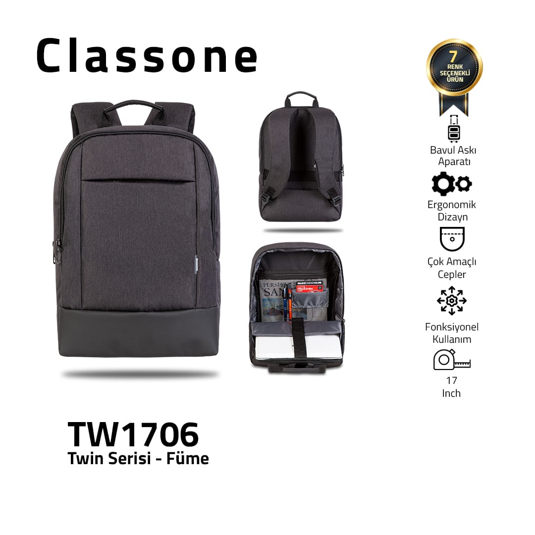 Classone TW1706 Twin Color 17 İnch Notebook Çantası- Füme