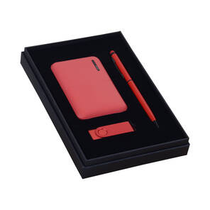 KUTULU HEDİYE SETİ (POWERBANK - KALEM - USB BELLEK) KIRMIZI