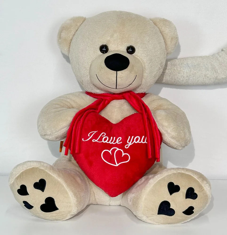 Promosyon I Love You Kalpli Peluş Ayı Oyuncak Krem