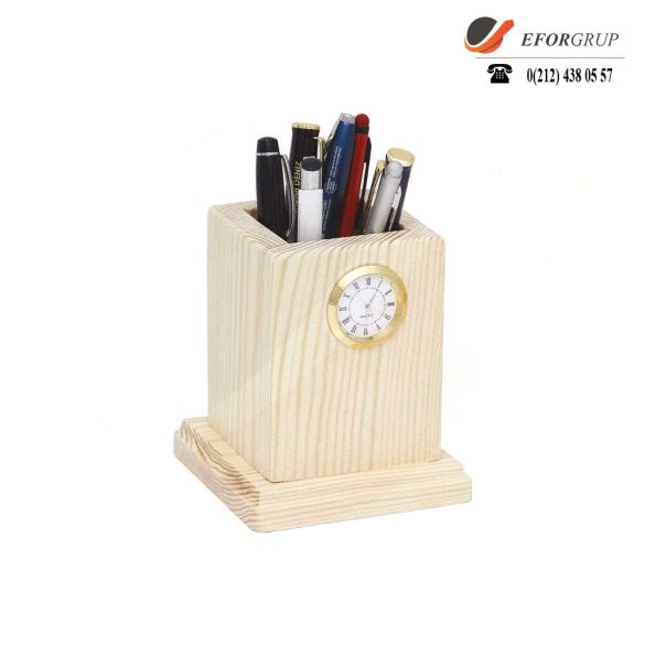 Ahşap Saatli Kalemlik