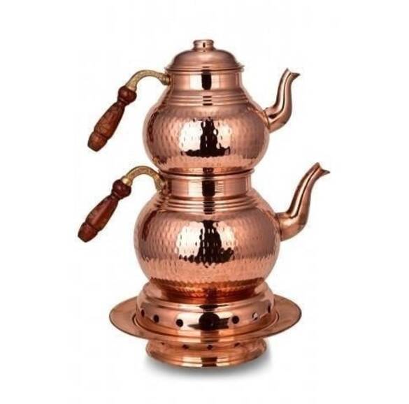  Bakır Klasik Çaydanlık 3 No Isıtıcılı Takım El Dövme