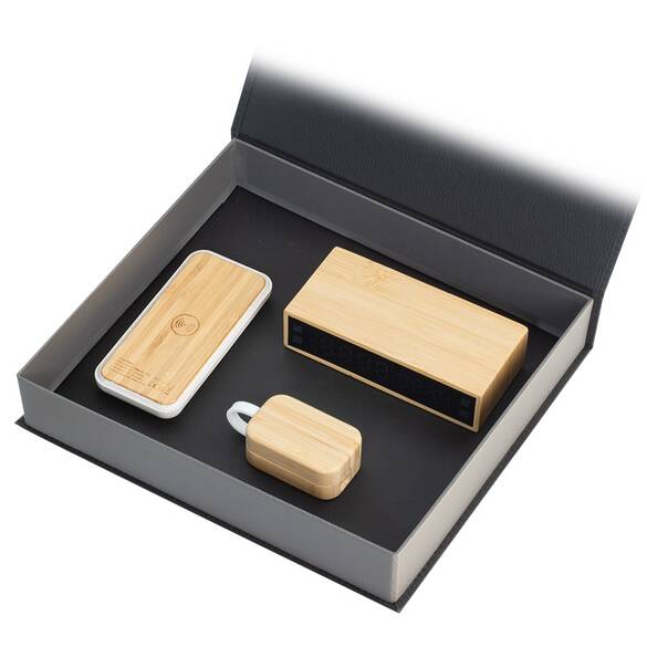 BAMBU VIP KUTU SET (WIRELESS POWERBANK - DİJİTAL MASA SAATİ - KULAKLIK)