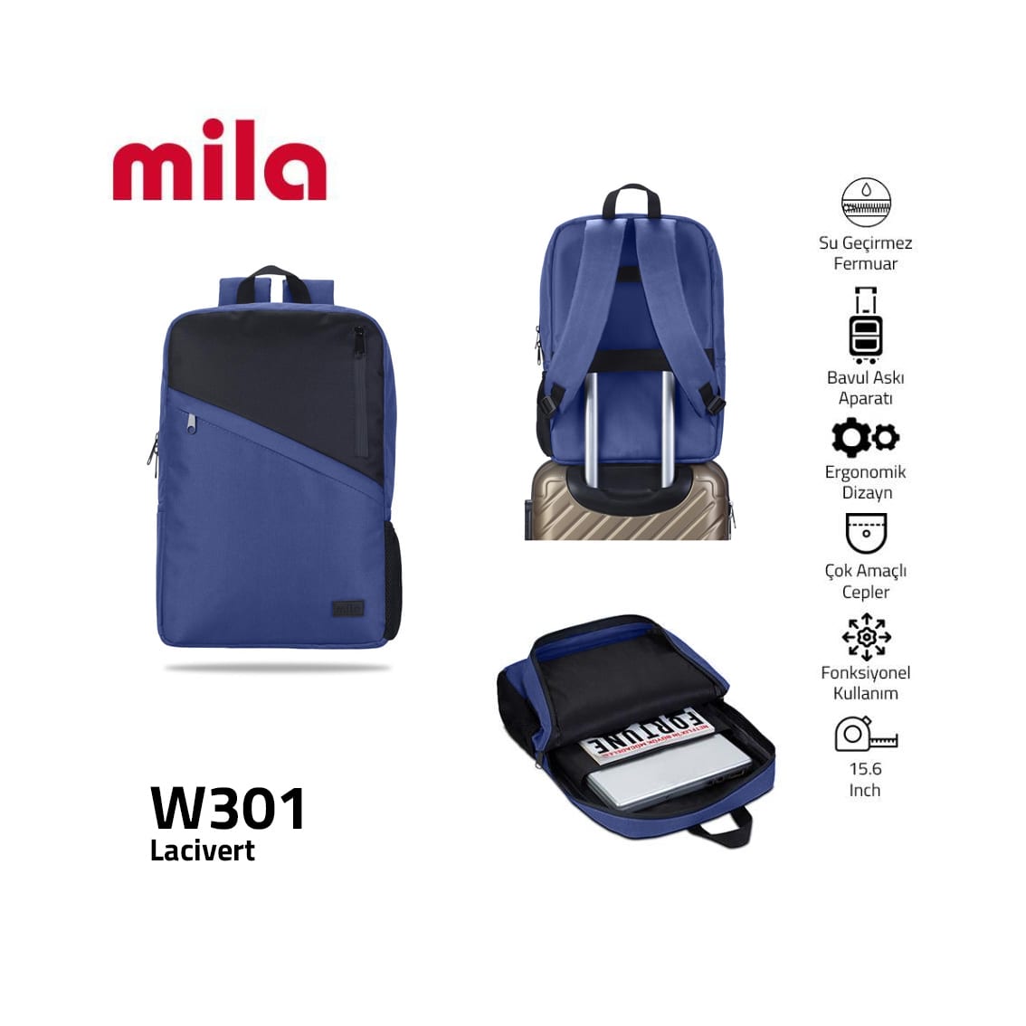 Classone 15, 6 İnch Uyumlu W301- Mila Serisi Lenovo, Hp, Asu, Monster, Macbook, Mac Air Uyumlu Laptop , Notebook Sırt Çantası - Lacivert