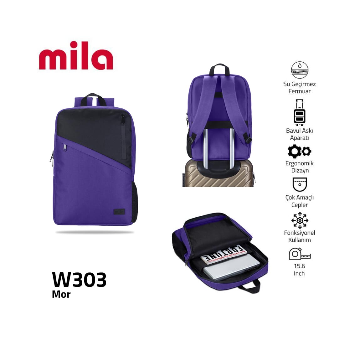 Classone 15, 6 İnch Uyumlu W303- Mila Serisi Lenovo, Hp, Asu, Monster, Macbook, Mac Air Uyumlu Laptop , Notebook Sırt Çantası - Mor
