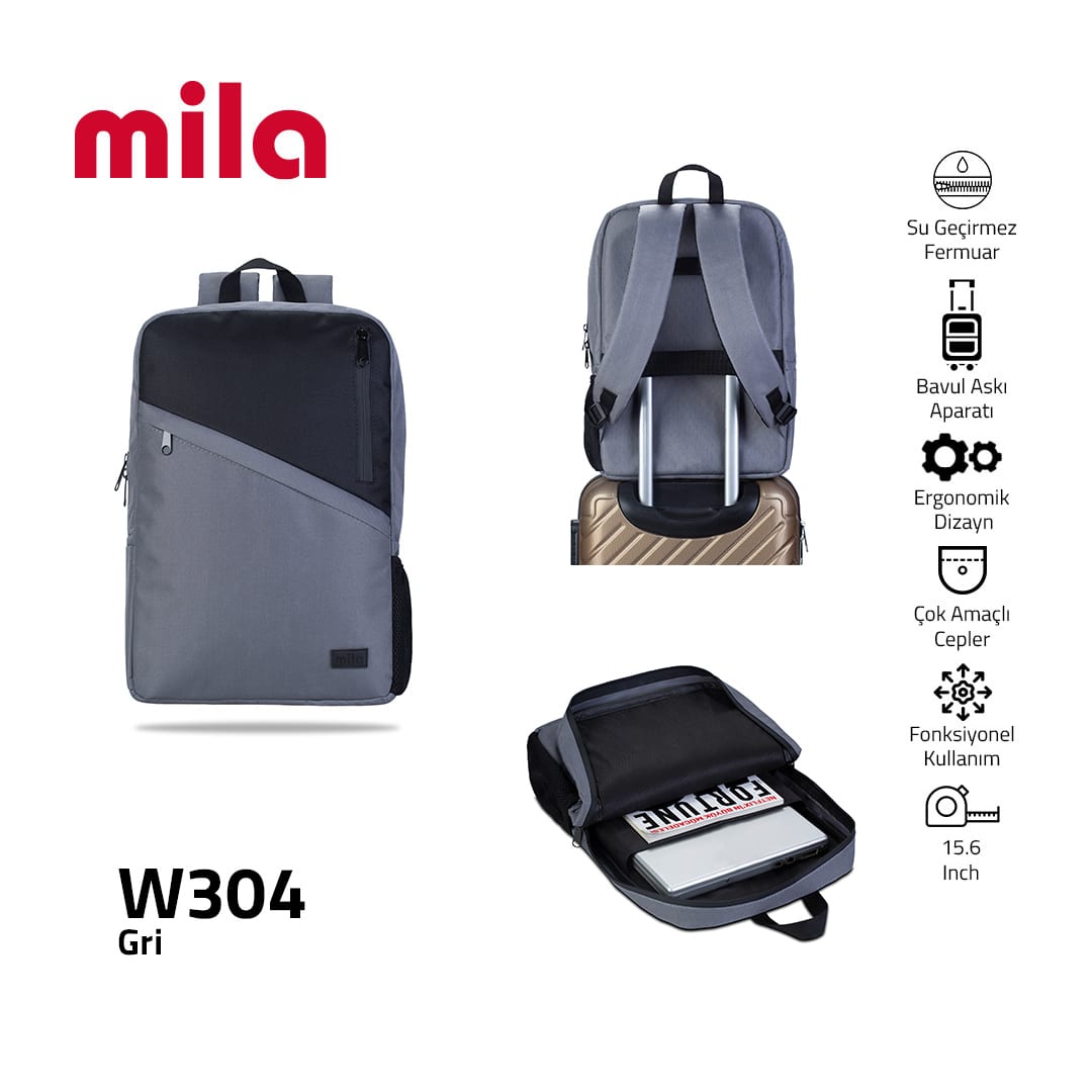 Classone 15, 6 İnch Uyumlu W304- Mila Serisi Macbook, Laptop , Notebook Sırt Çantası - Gri