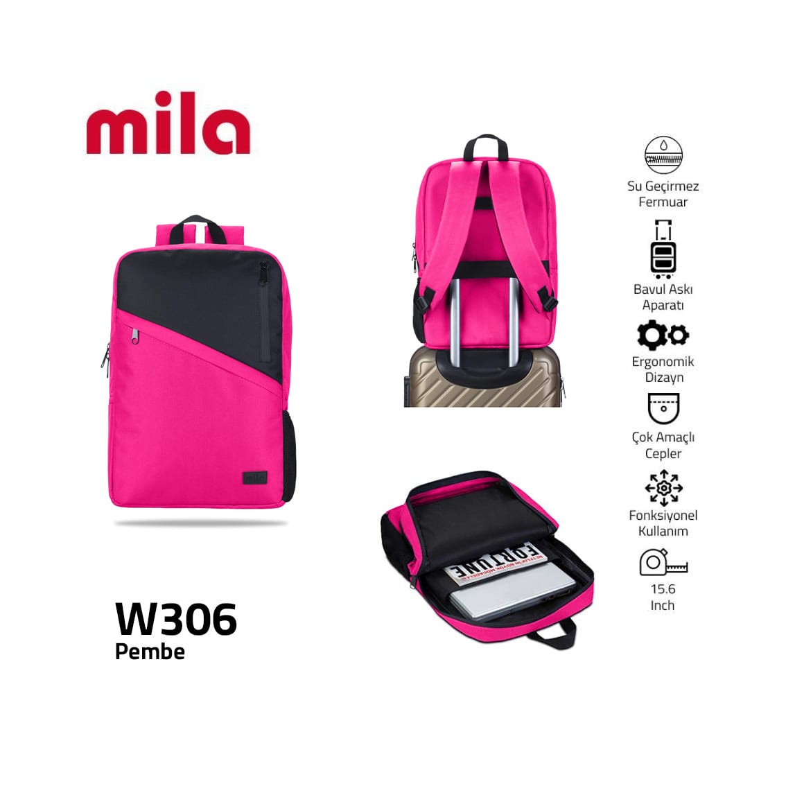 Classone 15, 6 İnch Uyumlu W306 - Mila Serisi Lenovo, Hp, Asu, Monster, Macbook, Mac Air Uyumlu Laptop , Notebook Sırt Çantası - Pembe