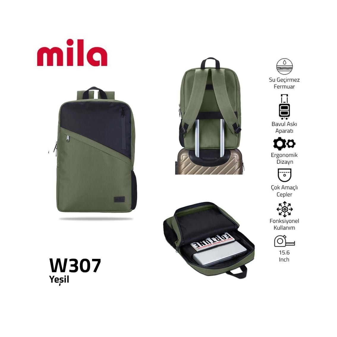 Classone 15, 6 İnch Uyumlu W307 - Mila Serisi Lenovo, Hp, Asu, Monster, Macbook, Mac Air Uyumlu Laptop , Notebook Sırt Çantası -yeşil