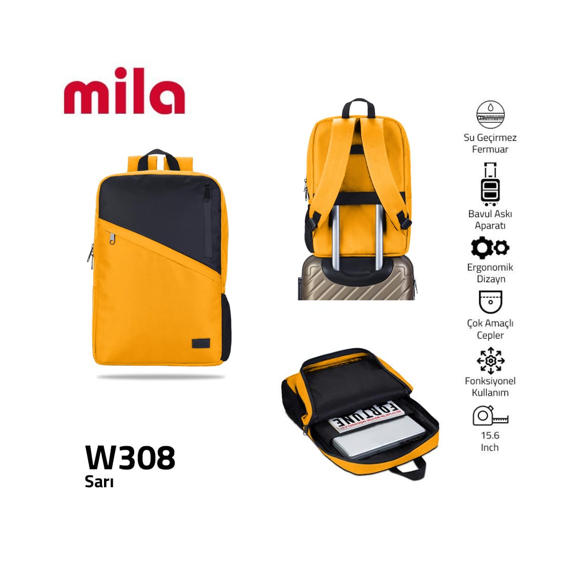 Classone 15, 6 İnch Uyumlu W308 - Mila Serisi Lenovo, Hp, Asu, Monster, Macbook, Mac Air Uyumlu Laptop , Notebook Sırt Çantası -sarı