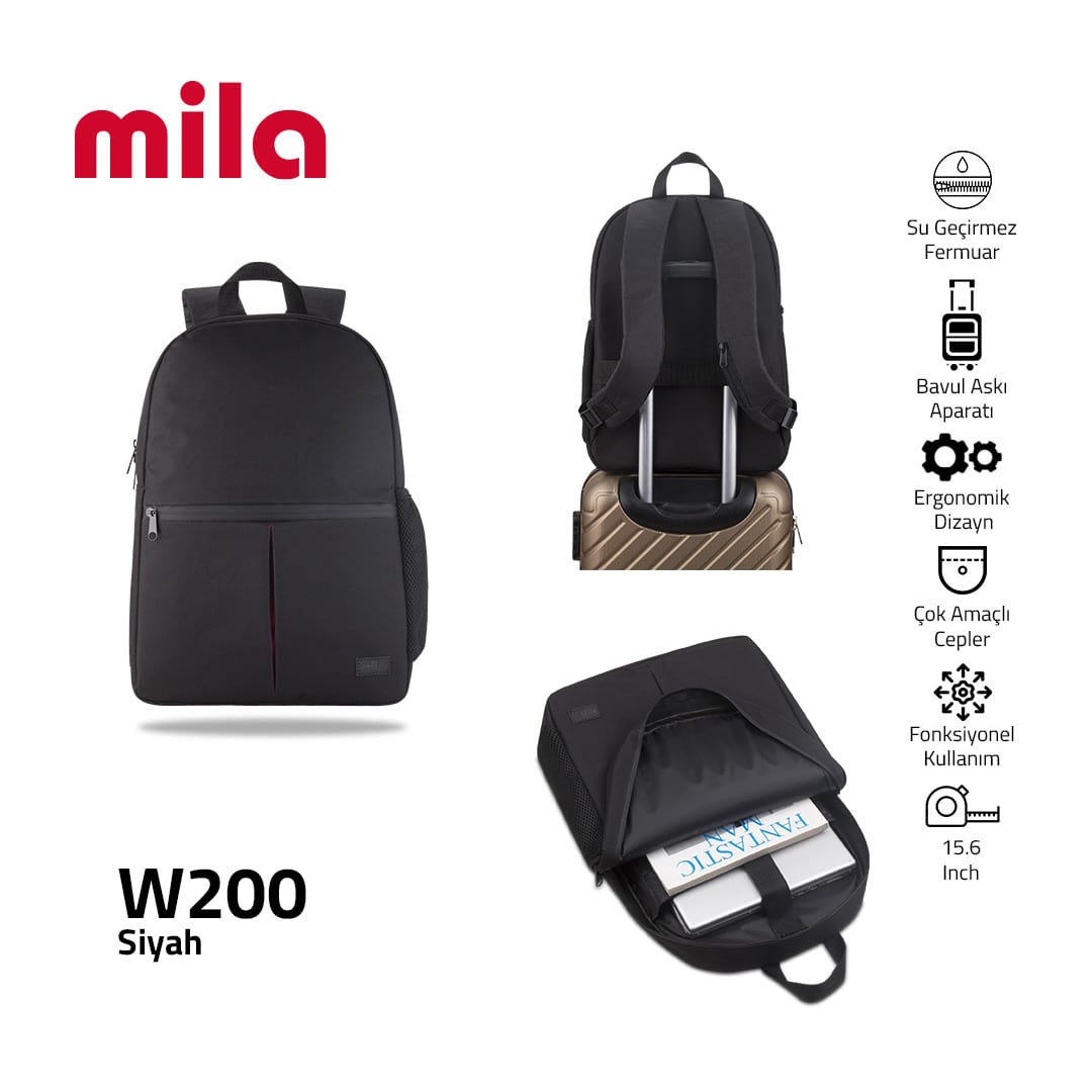 Classone 15, 60 İnch Uyumlu W200- Mila Serisi Macbook, Laptop , Notebook Sırt Çantası - Siyah