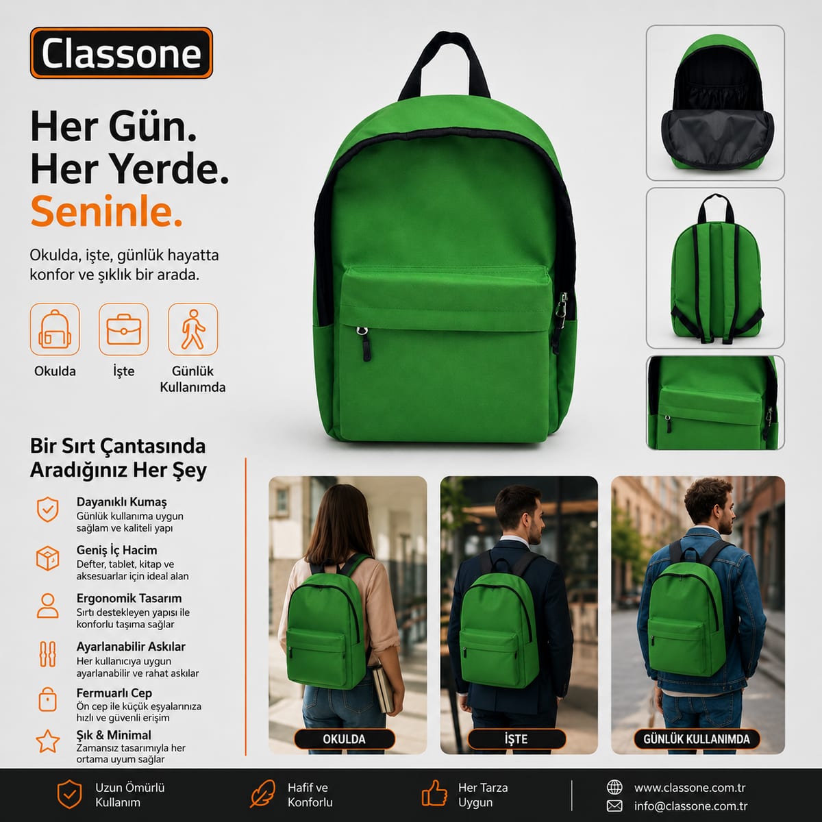 Classone 15.6 İnch Uyumlu Notebook, Laptop Sırt Çantası - Yeşil
