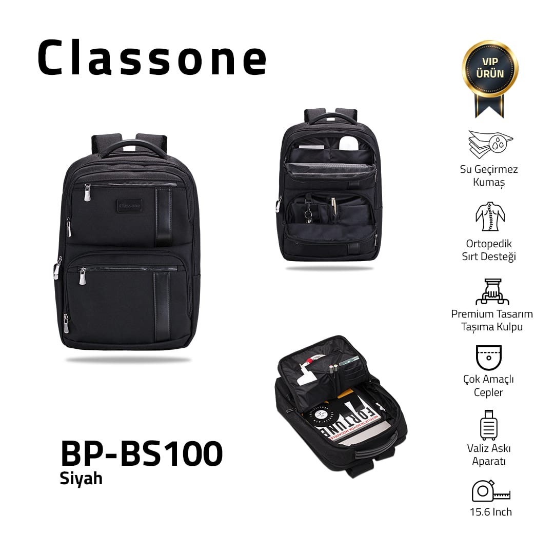 Classone BP-BS100 Business VIP B1 - Serisi 15.6 İnch Uyumlu WTX Pro Su Geçirmez Kumaş Laptop Sırt Çantası -siyah