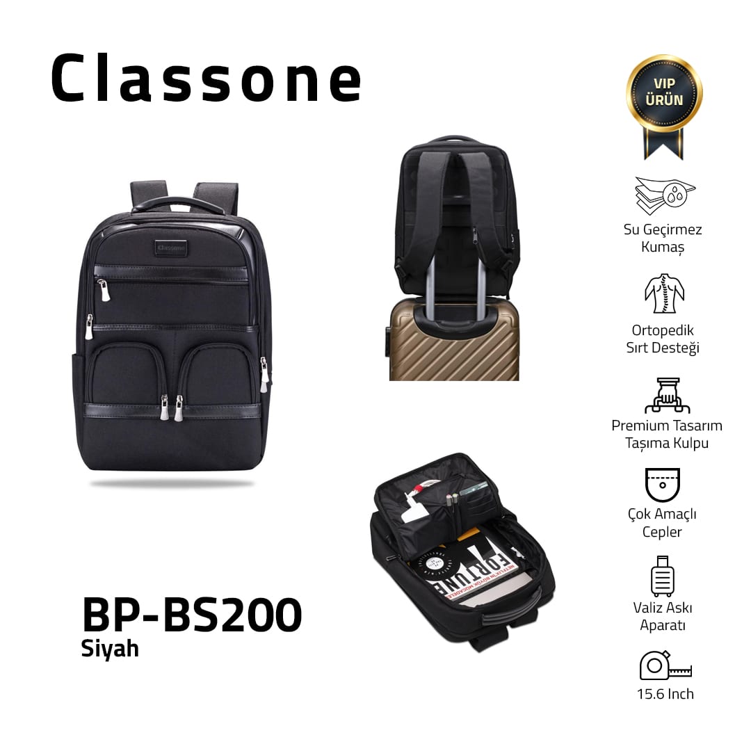 Classone BP-BS200 Business VIP B2 -serisi 15.6 İnch Uyumlu WTX Pro Su Geçirmez Kumaş Laptop Sırt Çantası -siyah