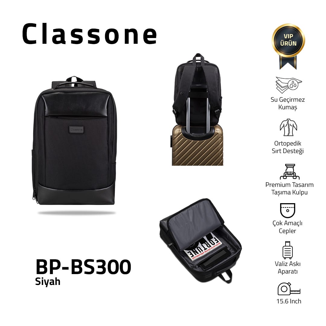 Classone BP-BS300 Business VIP B3 -serisi 15.6 İnch Uyumlu WTX Pro Su Geçirmez Kumaş Laptop Sırt Çantası -siyah