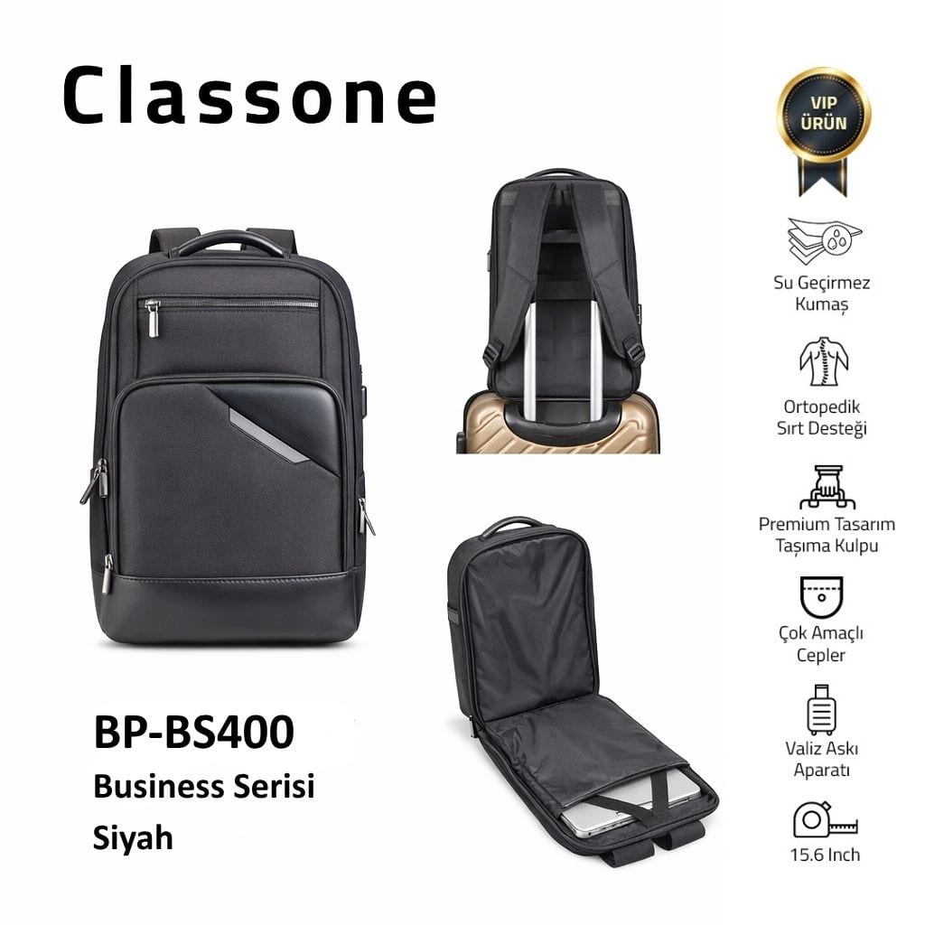 Classone BP-BS400 Business VIP B4 -serisi 15.6 İnch Uyumlu WTX Pro Su Geçirmez Kumaş Laptop Sırt Çantası -siyah