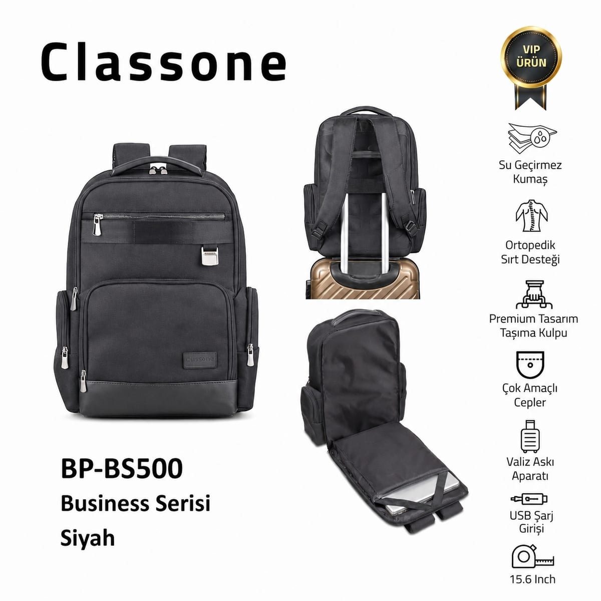 Classone BP-BS500 Business VIP B5 -serisi 15.6 İnch Uyumlu WTX Pro Su Geçirmez Kumaş Laptop Sırt Çantası -siyah