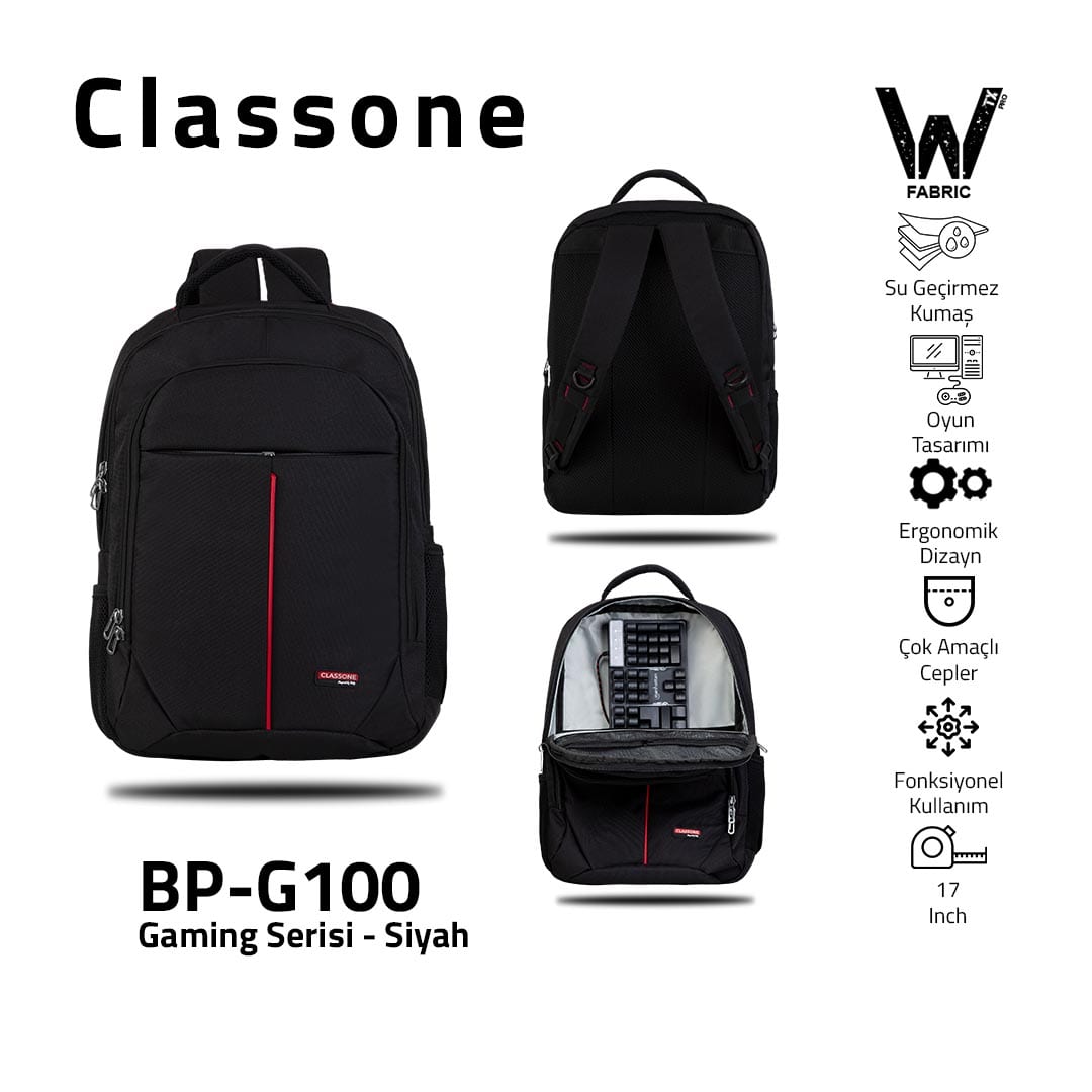 Classone BP-G100 Gaming Serisi Xl WTXpro Su Geçirmez Kumaş 17 İnch Sırt Çantası - Siyah