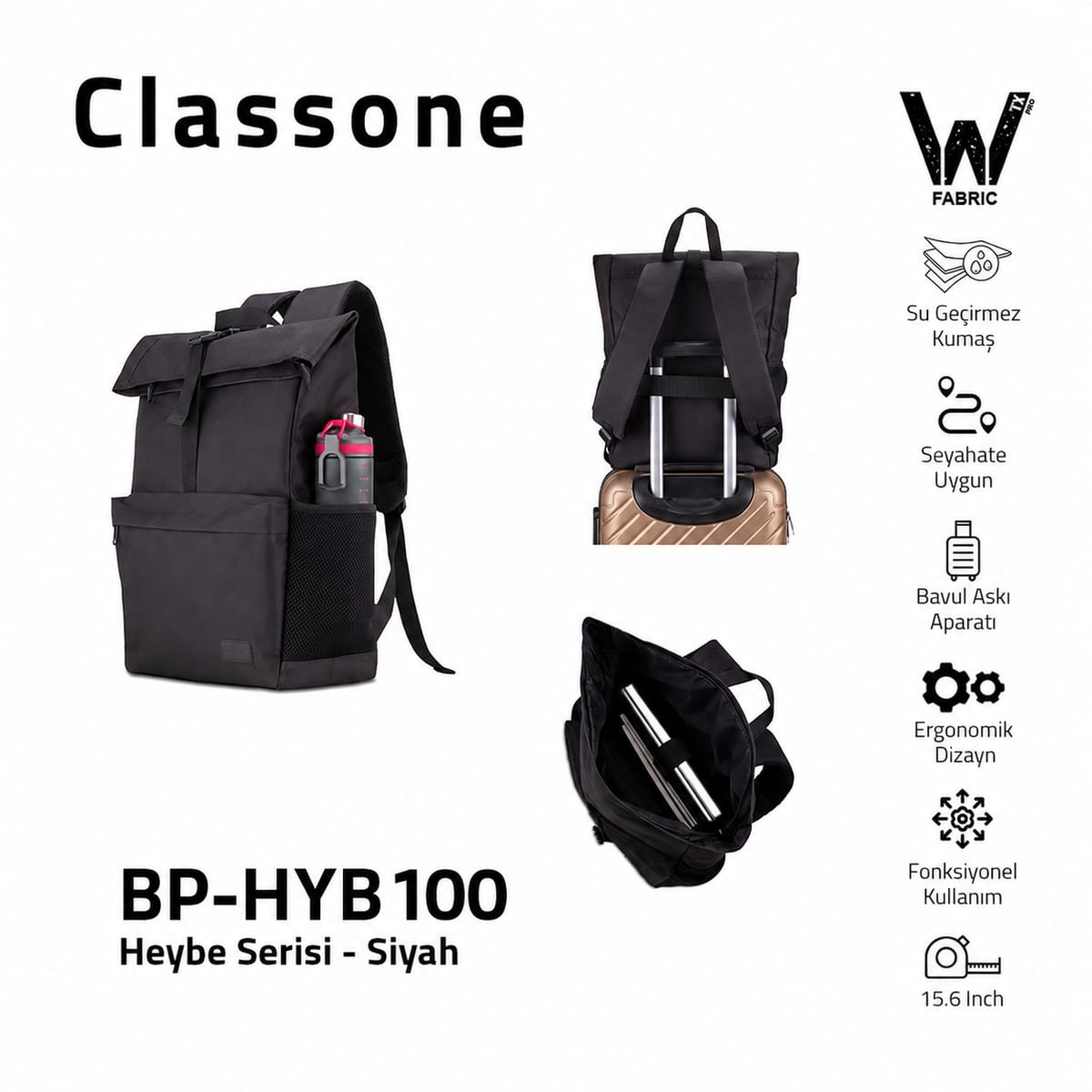 Classone BP-HYB100 Heybe Serisi Wtxpro Su Geçirmez Kumaş 15.6 İnch Uyumlu , Notebook, Laptop, Macbook Sırt Çantası - Siyah