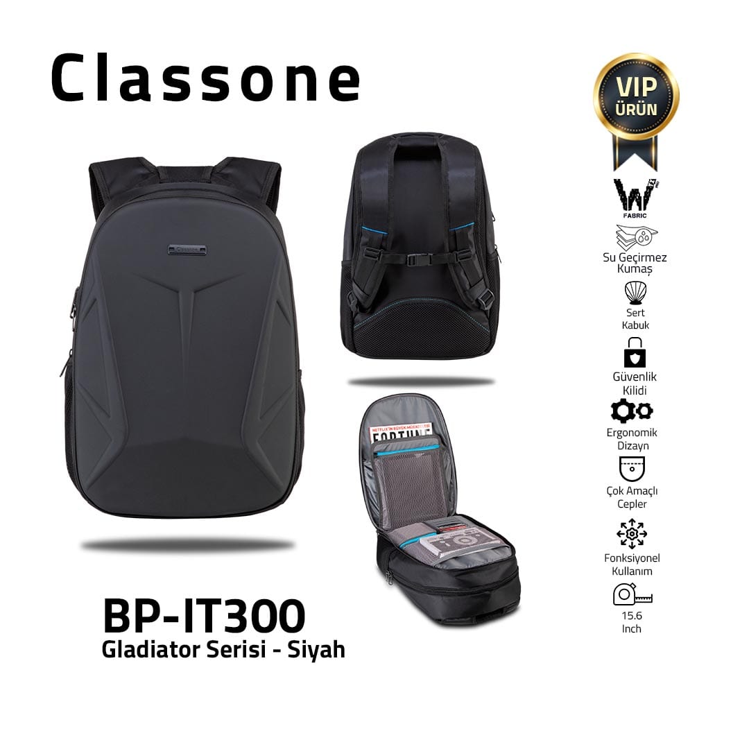 Classone BP-IT300 Gladiator Serisi Sırt Çantası WTXpro Su Geçirmez Kumaş 15.6 Uyumlu - Siyah