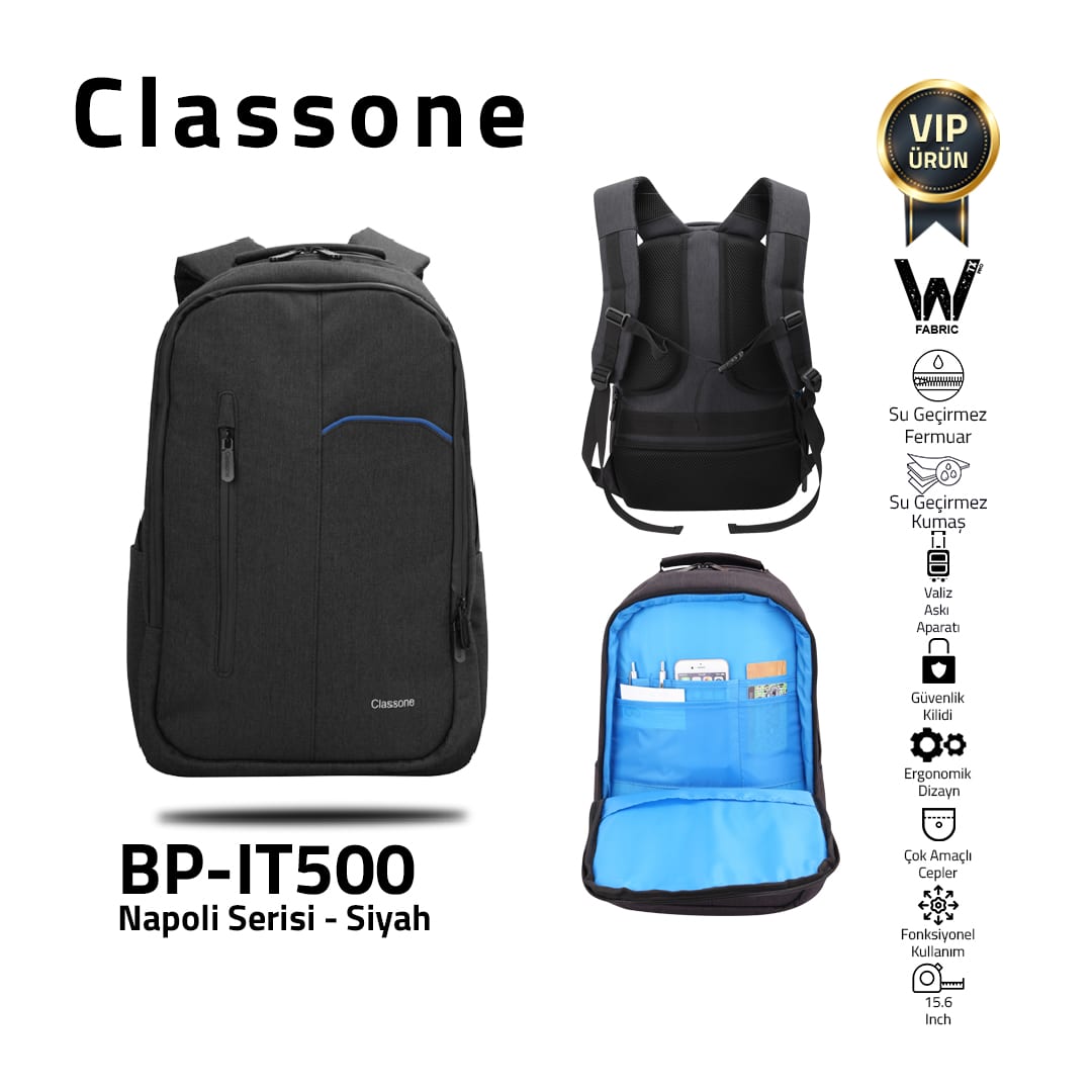 Classone BP-IT500 WTXpro Su Geçirmez Kumaş Napoli Serisi Sırt Çantası 15.6 Uyumlu - Siyah
