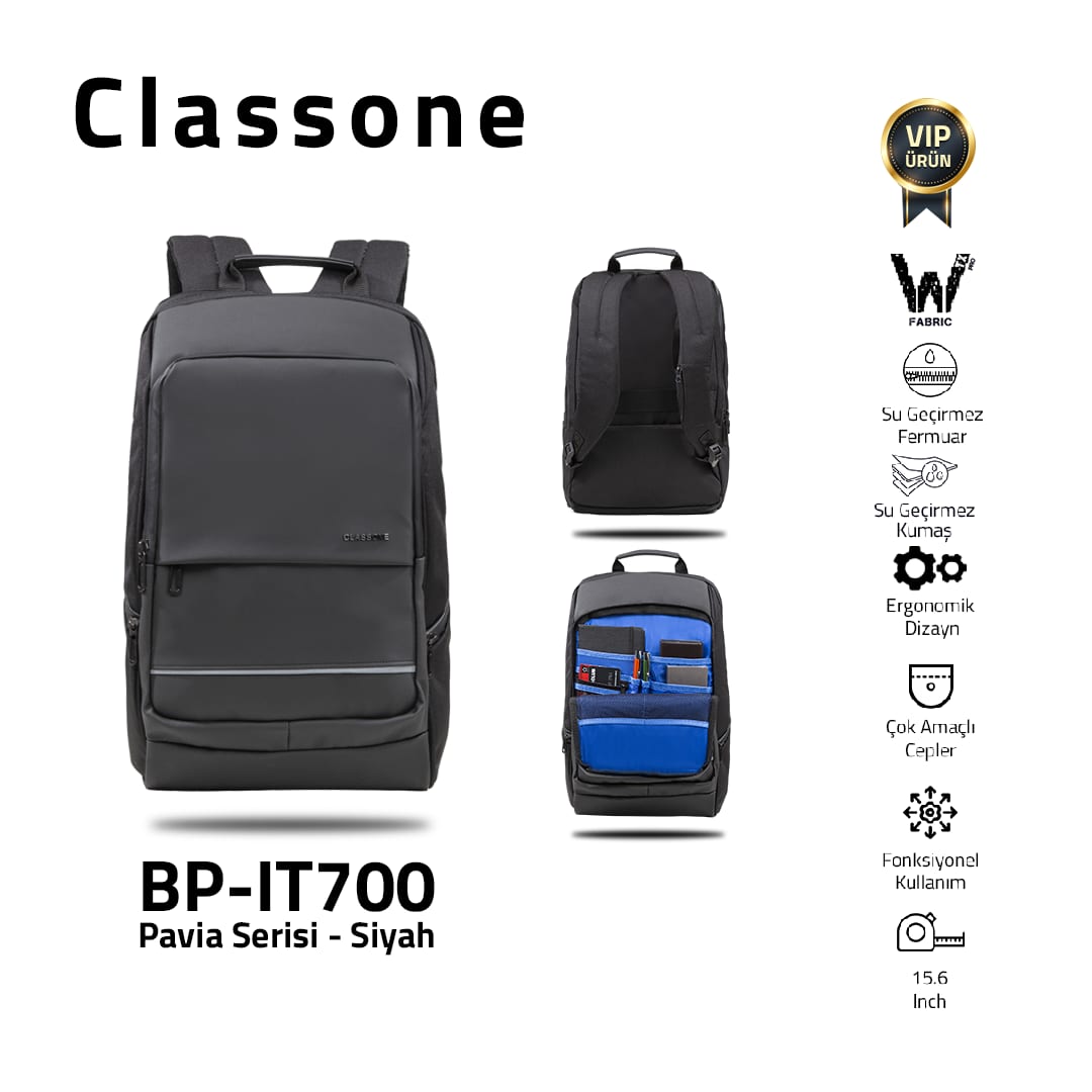 Classone BP-IT700 Pavia WTXpro Su Geçirmez Kumaş 15.6 Laptop, Notebook Sırt Çantası-siyah