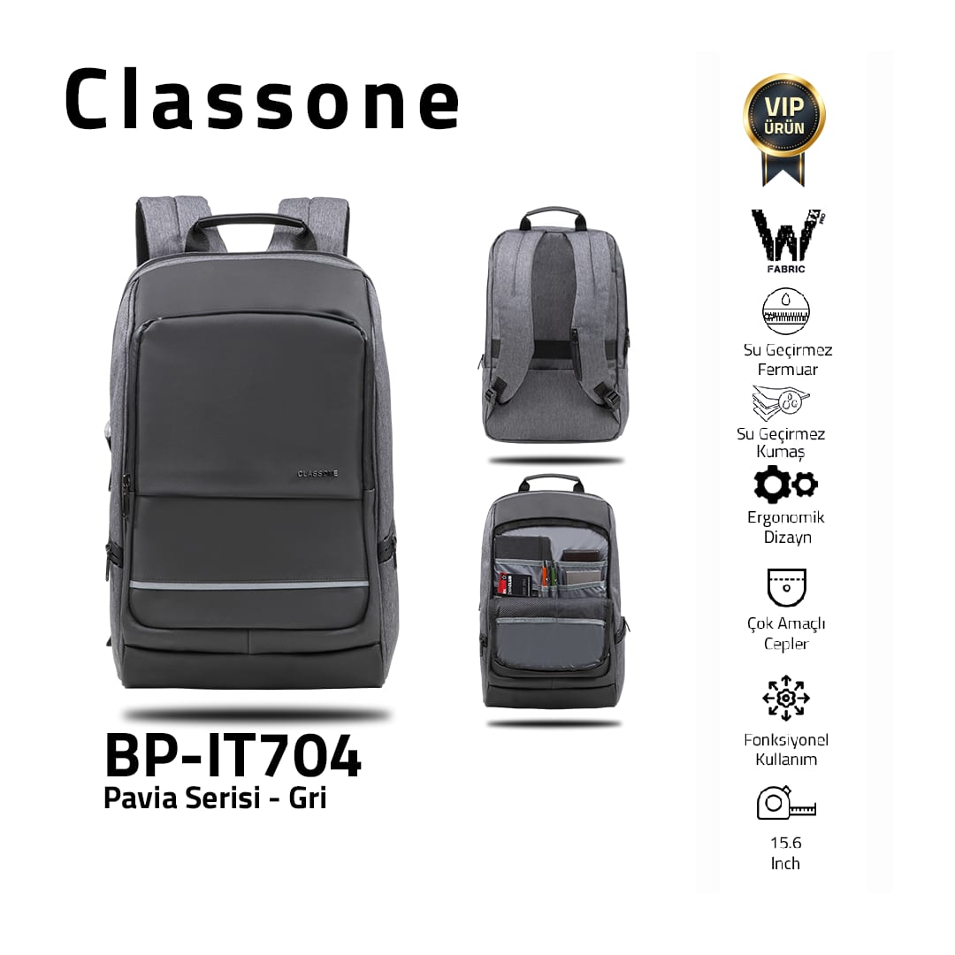 Classone BP-IT704 Pavia WTXpro Su Geçirmez Kumaş 15.6 Laptop , Notebook Sırt Çantası - Gri