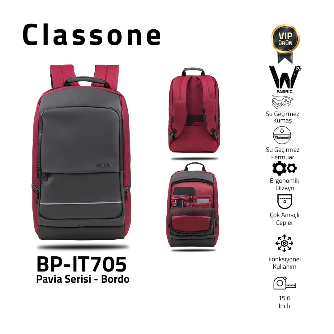 Classone BP-IT705 Pavia WTXpro Su Geçirmez Kumaş 15.6 Laptop, Notebook Sırt Çantası -bordo