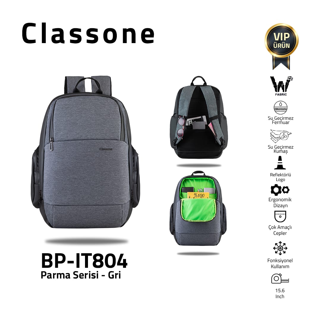Classone BP-IT804 WTXpro Su Geçirmez Kumaş Parma Serisi 15.6 Sırt Çantası-gri