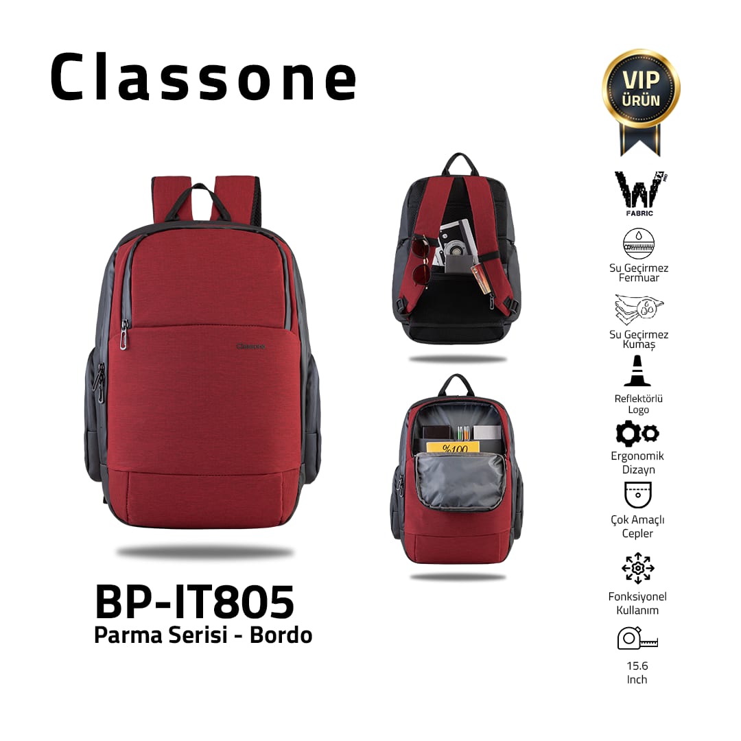 Classone BP-IT805 Parma Serisi WTXpro Su Geçirmez Kumaş 15.6 Sırt Çantası-bordo