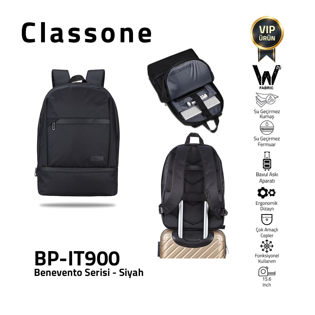 Classone BP-IT900 Benevento Serisi 15.6 WTXpro Su Geçirmez Kumaş, Su Geçirmez Fermuar Notebook Sırt Çantası-siyah