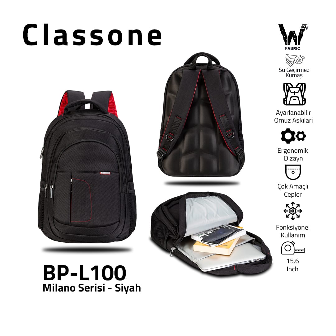 Classone BP-L100 Milano Serisi WTXpro Su Geçirmez Kumaş 15, 6 İnch Sırt Çantası - Siyah