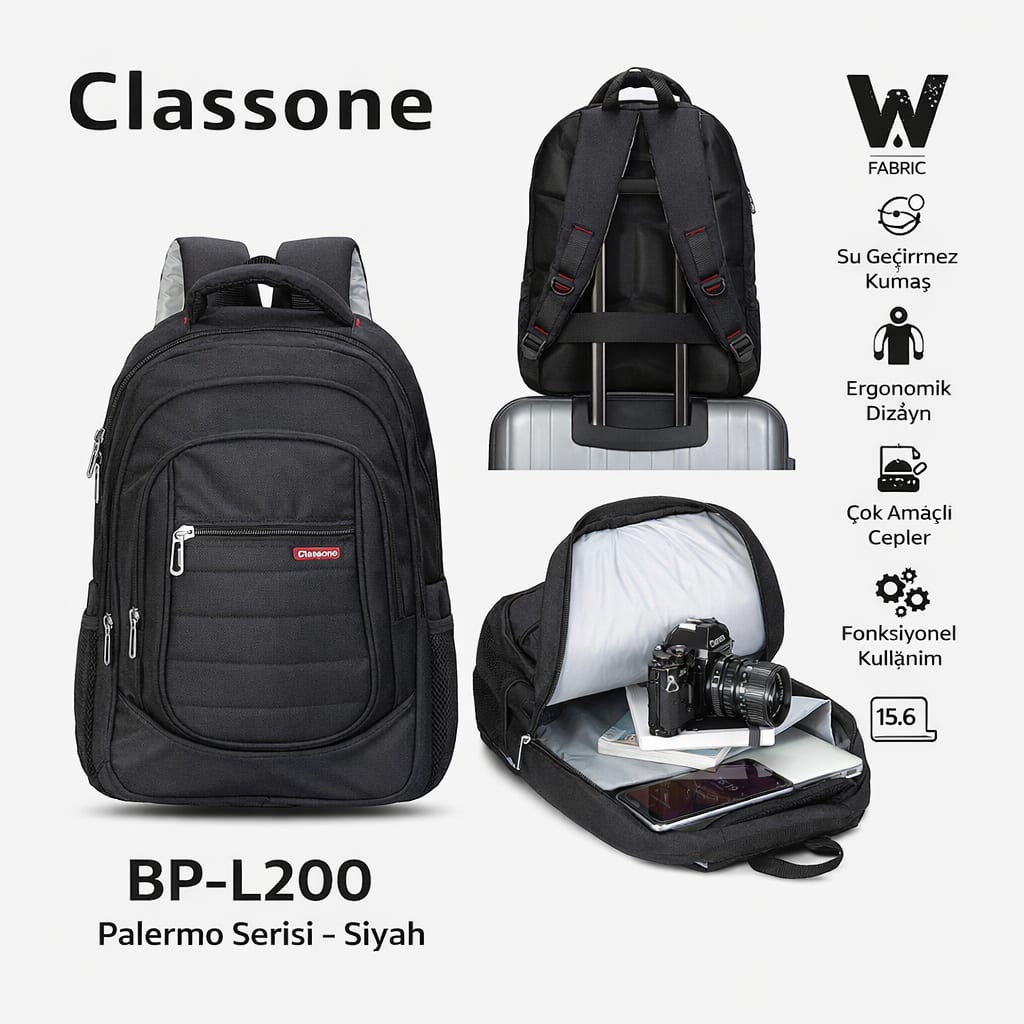 Classone BP-L200 Palermo Serisi WTXpro Su Geçirmez Kumaş 15, 6 İnch Sırt Çantası - Siyah
