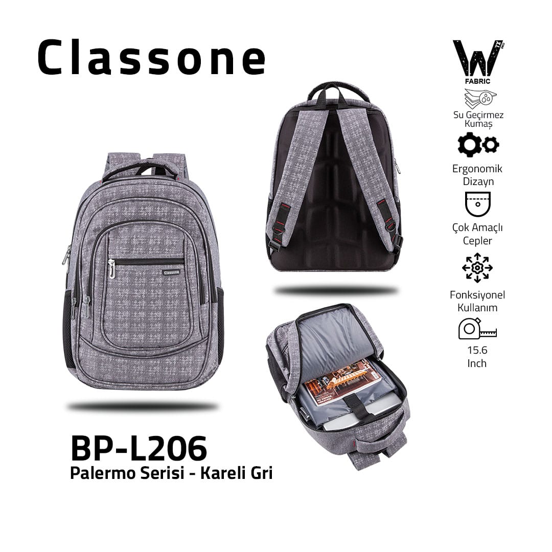 Classone BP-L206 Palermo Serisi WTXpro Su Geçirmez Kumaş 15, 6 İnch Sırt Çantası – Kareli Gri