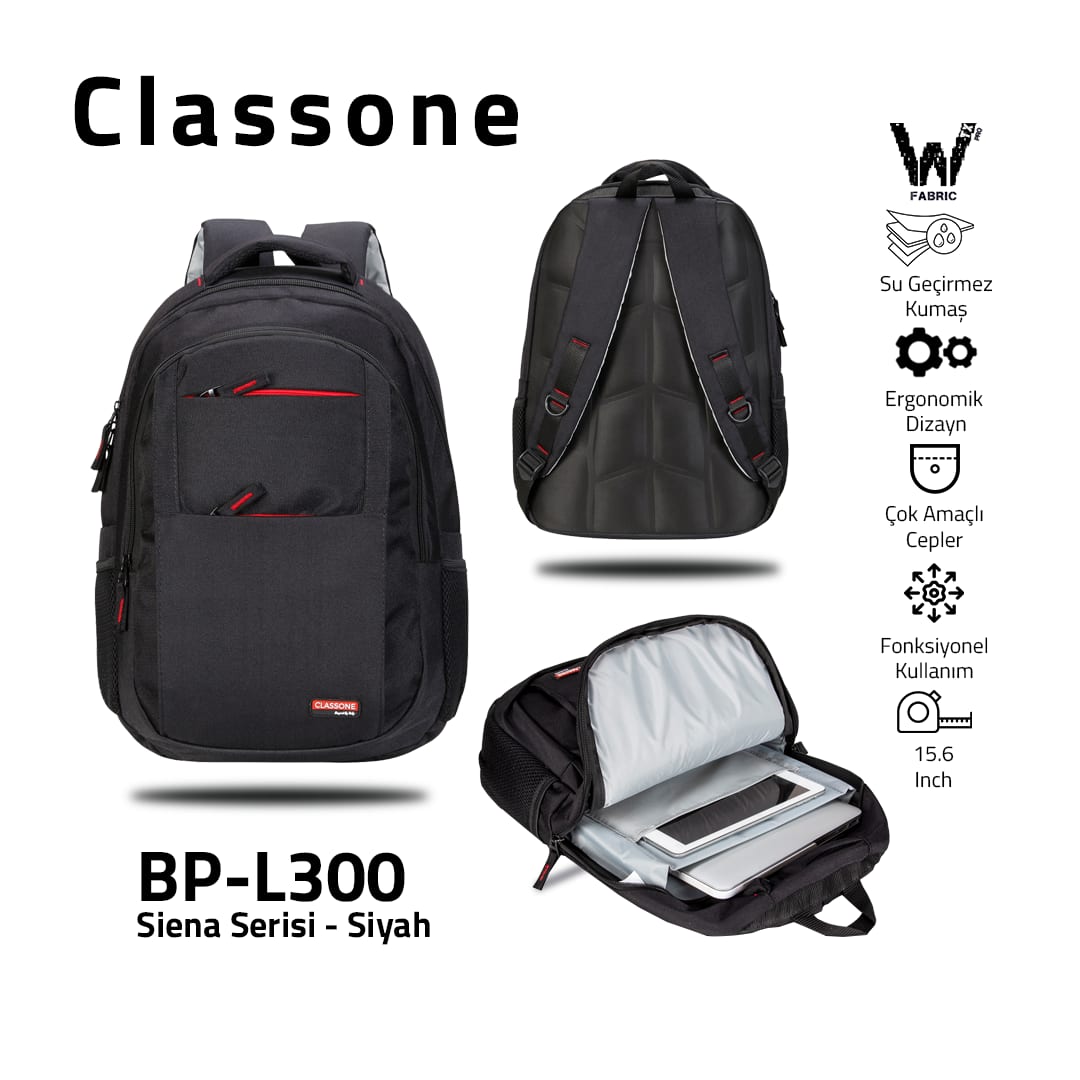 Classone BP-L300 Siena Serisi WTXpro Su Geçirmez Kumaş 15, 6 İnch Sırt Çantası - Siyah