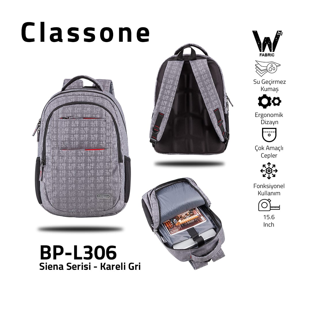 Classone BP-L306 Siena Serisi WTXpro Su Geçirmez Kumaş 15, 6 İnch Sırt Çantası – Kareli Gri