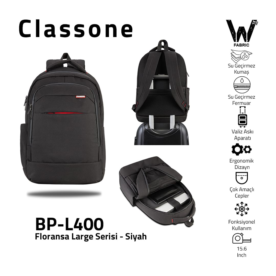 Classone BP-L400 Floransa Large Serisi, WTXpro Su Geçirmez Kumaş, Su Geçirmez Fermuar, 15.6 İnch Uyumlunotebook Sırt Çantası - Siyah