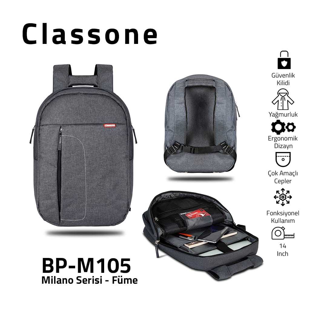 Classone BP-M105 13, 3-14 İnç Uyumlu Milano Serisi Medium Sırt Çantası - Füme