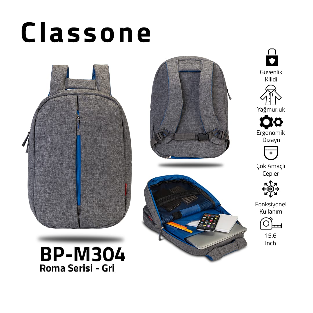 Classone BP-M304 Roma Medium Serisi 13-14 İnch Sırt Çantası - Gri