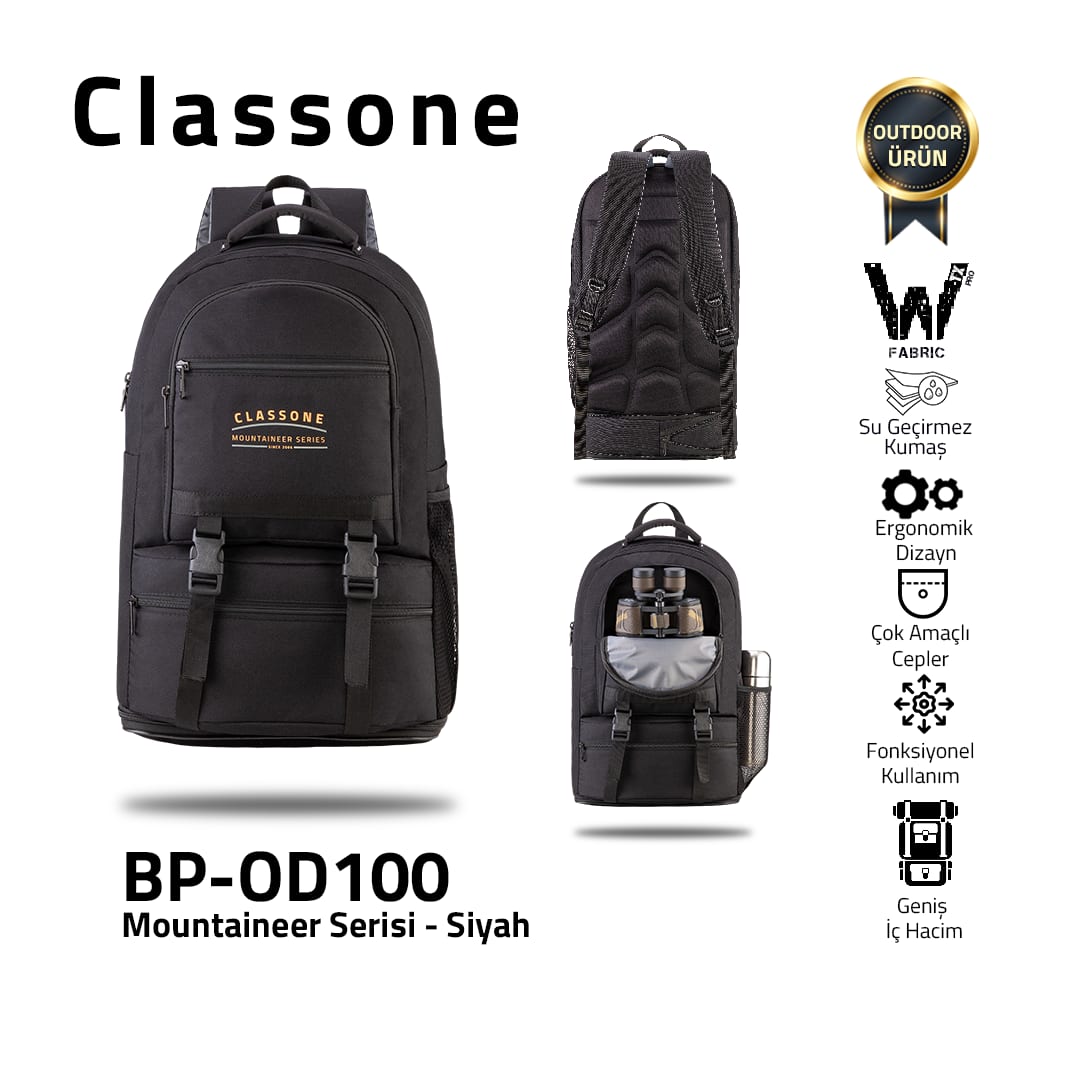 Classone BP-OD100 Mountaineer Serisi WTXpro Su Geçirmez Kumaş Dağcı Sırt Çantası - Siyah