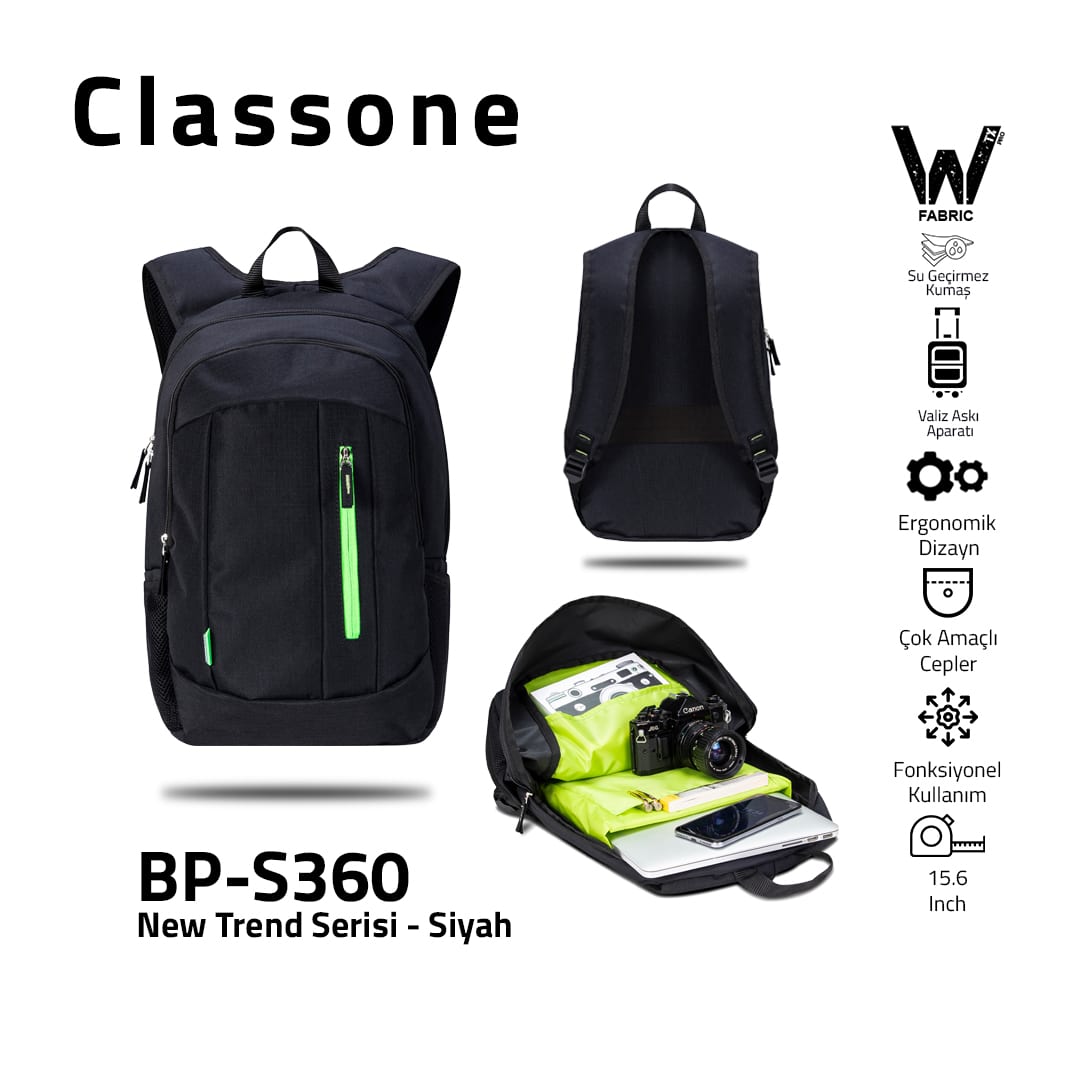 Classone BP-S360 New Trend Sport Style Serisi WTXpro Su Geçirmez Kumaş Notebook Sırt 15, 6 İnch Çantası - Siyah