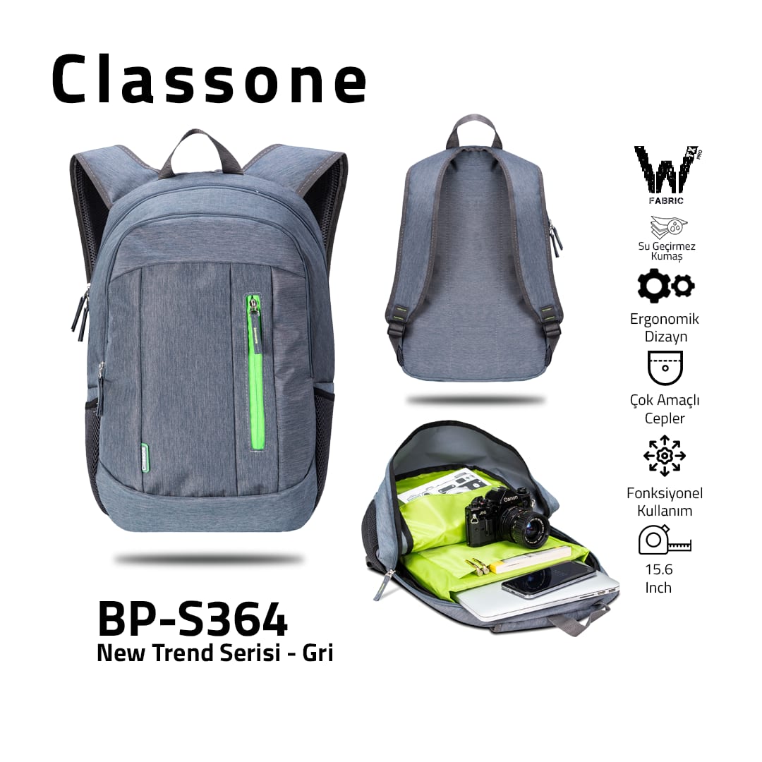 Classone BP-S364 WTXpro Su Geçirmez Kumaş New Trend Sport Style Serisi Sırt 15, 6 İnch Çantası - Gri
