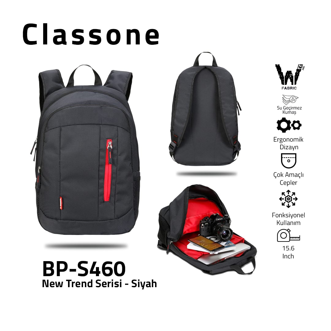 Classone BP-S460 New Trend Sport Style Lux Serisi WTXpro Su Geçirmez Kumaş Sırt 15, 6 İnch Çantası - Siyah