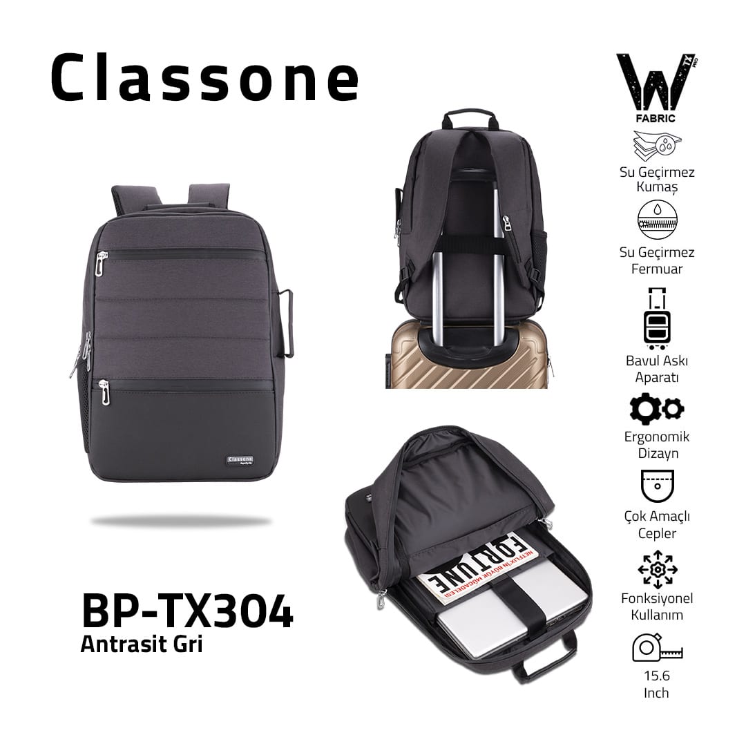 Classone BP-TX304 Combo Serisi 15, 6 İnch , Su Geçirmez Kumaş Ve Su Geçirmez Fermuar Notebook, Laptop , Macbook Sırt Çantası -antrasit Gri